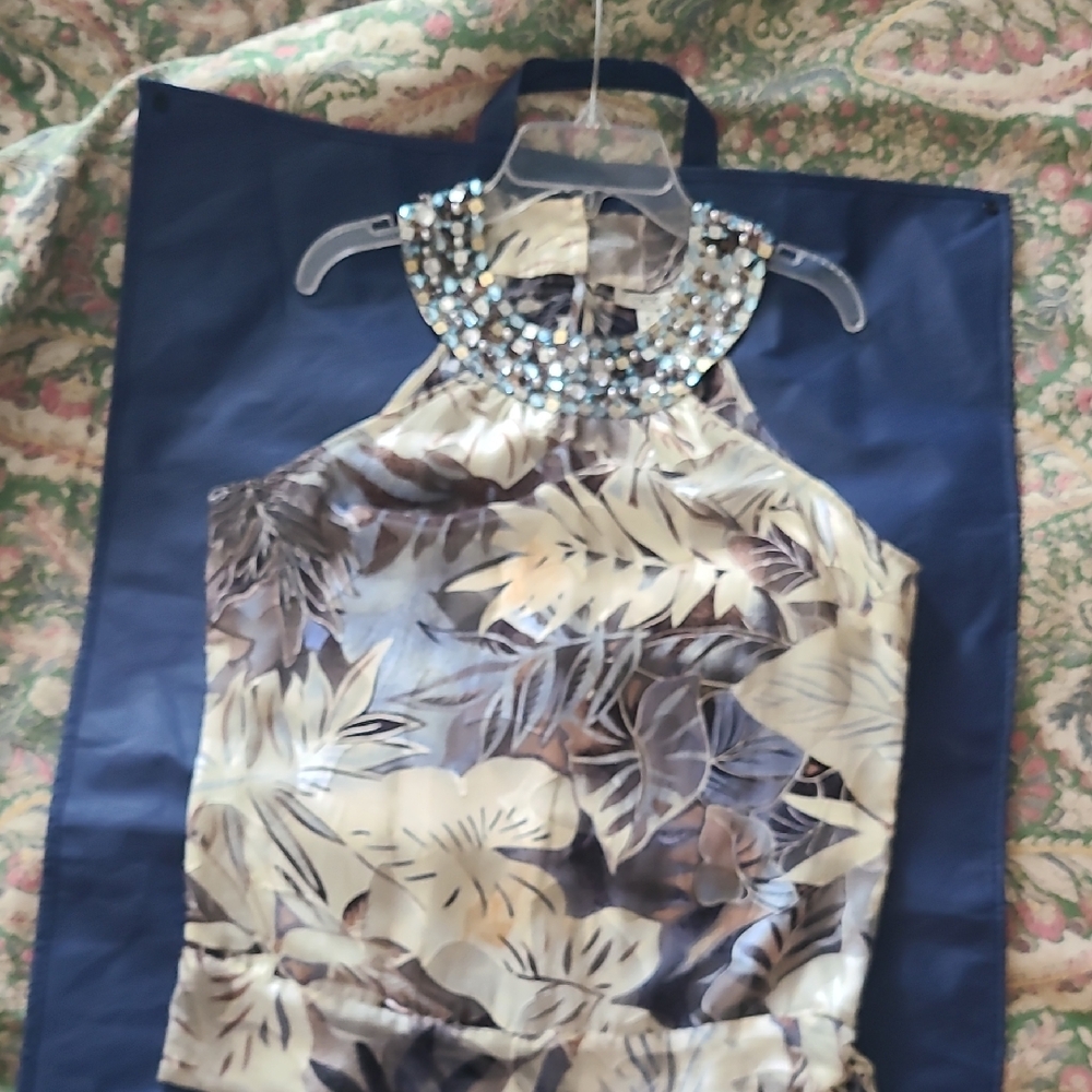 Cache Beaded Halter Top in Blue and Taupe